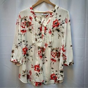 🌹+🫒 Ivory Blouse, red/warm grey floral pattern